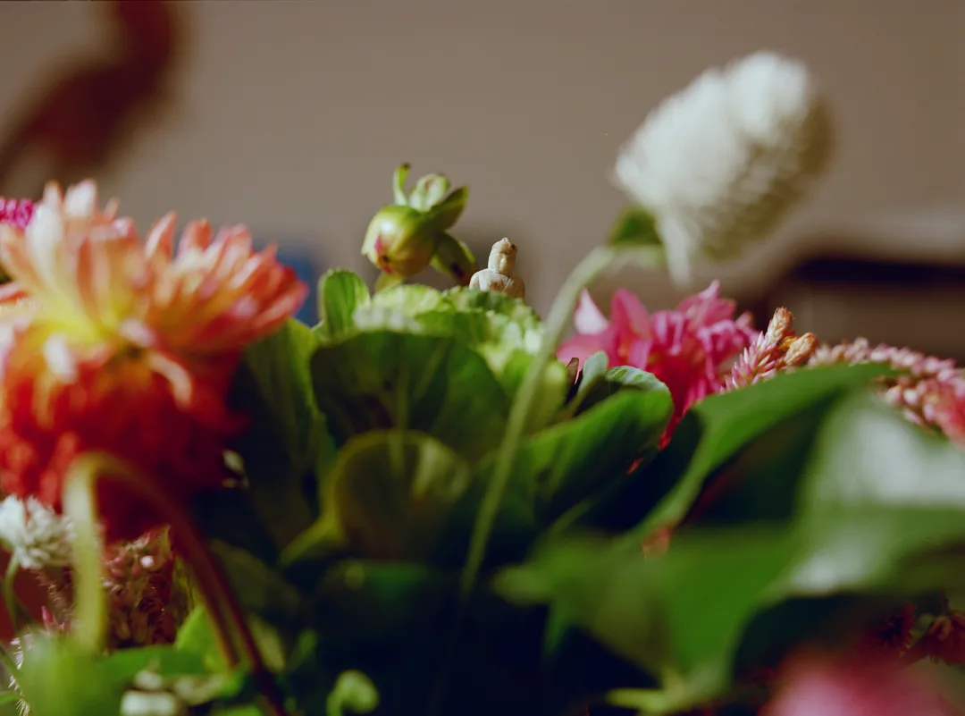 Small ceramic Buddha amidst flowers